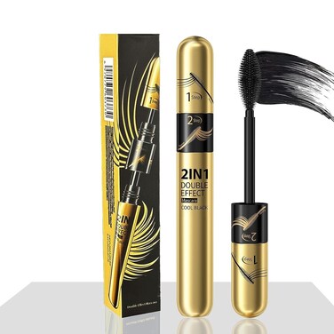 2 in 1 Double Black 4D tubing Mascara Volume and Length， Silk Fiber Lash Liquid Extension 5X Longer, Smudge Proof Waterproof and Sweat Resistant Fuller Mascara (1pcs)