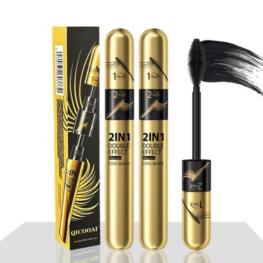 2pcs 2 in 1 Double Black 4D tubing Mascara Volume and Length， Silk Fiber Lash Liquid Extension 5X Longer, Smudge Proof Waterproof and Sweat Resistant Fuller Mascara (2pcs)