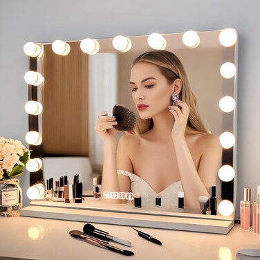24"X18" Large Vanity Mirror with Lights &amp; Bluetooth Play Music LED Vanity Mirror 17 Dimmable LED Bulbs 3 Colour Illuminated Vanity Mirrors with Detachable 10x Magnifier and USB Charging Port