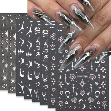 8 Sheets Metallic Nail Art Stickers Bronzing Star Moon Nail Decals 3D Self-Adhesive Starlight Hearts Sun Charms Nail Decals Stickers Glitter Fish Bone Line Nail Art Design for Women Girls Nail Decor