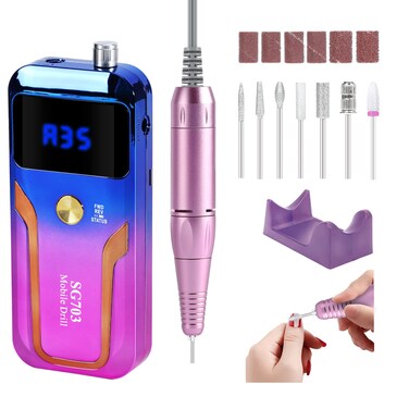 Portable Nail Drill Professional 35000 RPM, MOCOWIND Rechargeable Electric Nail File Machine for Acrylic Nails Gel Polishing Removing, Cordless E-File with Bits for Manicure Salon Home, Blue &amp; Purple