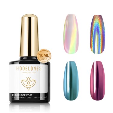 modelones Gel Top Coat for Chrome Nail Powder, Mirror Shiny Clear Chrome Top coat No Wipe Long Lasting Soak Off Nail Lamp High Gloss Chrome Top Coat Gel Nail Polish for Home DIY and Nail Salon