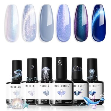 modelones Gel Nail Polish Set, 6 Colors Spring Sky Ocean Blue Collection Glitter Gel Polish Galaxy Dark Blue 9D Cat Eye Nail Gel polish w Magnet Light Blue White Soak Off Led Nail Art Gel DIY Gift