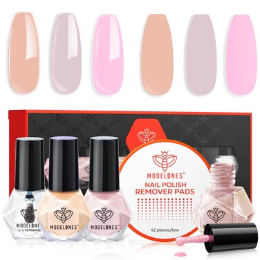 Modelones Nail Polish Set 3 Colors Nude Neutral Nail Polish Quick Dry Nail Polish Base &amp; Top Coat + Remover Pads Neutral Skin Tone Mini Starter Kit Manicure DIY Nail Art Salon Home Gift For Women Girl