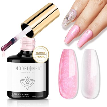 modelones Pearl Gel Nail Polish Top Coat, 2-in-one Clear Pearlescent Glitter Glossy Sparkle Finish Long Lasting Soak Off Mermaid Shimmer Manicure Nail Art Home Salon DIY 10 ML