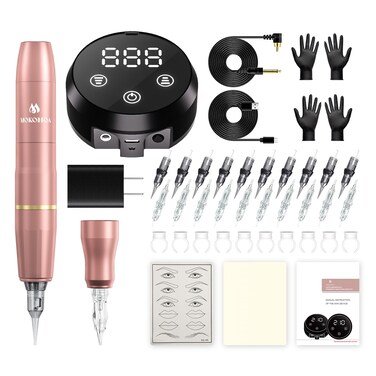 Permanent Makeup Machine, Machine Kit with MCU Touch Screen and LED Digital Display, 2 Style Rotary Grips for Permanent Makeup and Microshading Supplies Practice（Rose Gold）