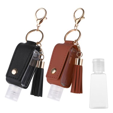 Molain 2 Pcs Hand Sanitizer Keychain 30ml Portable Leather Hand Sanitizer Holder Leakproof Empty Bottles Hand Sanitizer Travel Holder Bottle Refillable for Lotion Liquid Soap Shampoo(Brown,Black)
