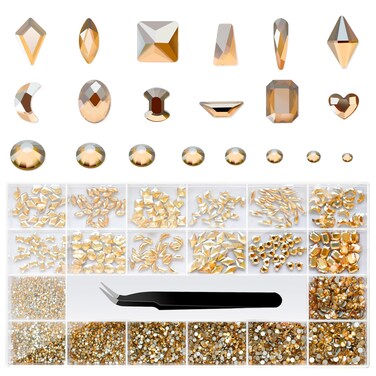 Champagne Gold Rhinestone Set - Multi Shapes, Mixed Sizes, Flatback Nails Charms with Wax Pencil &amp; Tweezers, Storage Box
