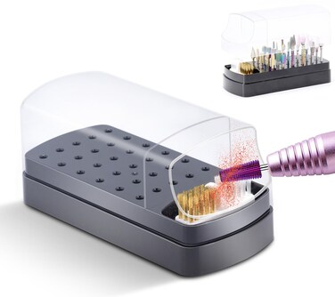 Large 2 in 1 Nail Drill Bits Holder with Nail Drill Bits Cleanser, 30 Holes Dustproof Drill Bits Stand Displayer Organizer Container Manicure Tools - Black