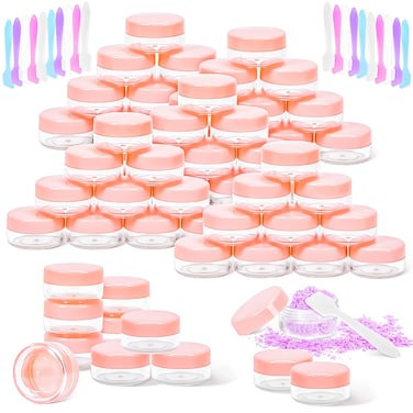 MotBach 50Pack 10g Small Plastic Cosmetic Containers with Lids, 10gram Plastic Makeup Containers Jars with Spatulas, 10ml Sample Jars Travel Size Containers for Toiletries Lip Balm Slime Cream Lotion