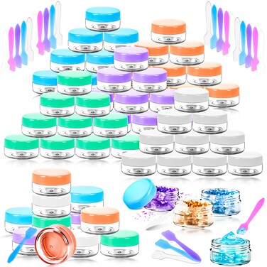 MotBach 50PCS 10g Empty Sample Containers with Colored Lids,Refillable Makeup Sample Containers, Small Sample Pot Jars Travel Makeup Containers with Mini Spatulas for Liquid Powder Creams Lotions
