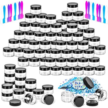 MotBach 40 PCS 15g Amber Plastic Containers with Black Lids,Small Makeup Sample Containers,0.5oz Small Sample Pot Jars Round Travel Cosmetic Jars with Spatulas for Liquid Sample Powder Cream Lotion