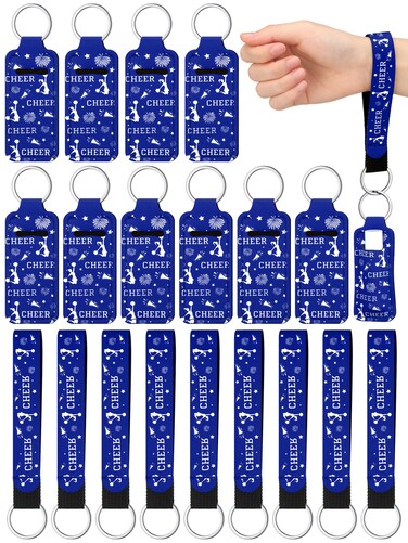 24 Pcs Cheer Lipstick Holder Keychains Lanyard Set Cheer Teams Gifts Cheerleaders Party Favors Cheer Theme Portable Lipstick Holder and Lanyard for Competitive Cheer Party Supplies (Blue)