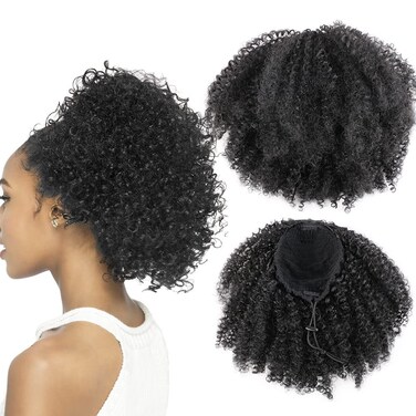 Drawstring Ponytail Afro Kinky Curly Ponytail for Black Women Short Wave Synthetic Ponytail Hair Extension (Black Brown #2)