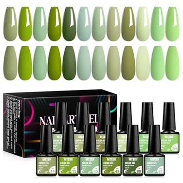 MTSSII Green Gel Nail Polish Set 12 Pcs Sage Green Forest Green Gel Polish Lime Olive Emerald Green Nail Polish Soak Off Gel Nail Kit Holiday Gift Home DIY Salon for Women