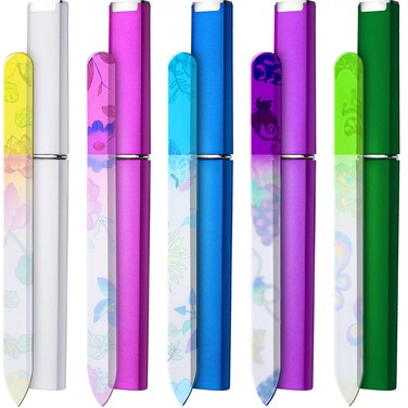 Mudder 5 Pack Glass Nail File with Case for Women Double Sided Crystal Fingernail File for Natural Nails Manicure Care Stocking Stuffers Gifts(Classic Pattern)