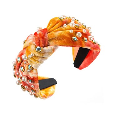 Women's Headband Velvet tie-dye Candy Color Knoted Headband Non-slippery Fashion Women's Diamond-encrusted Pearl Wide Top Knot Headband Headband (orange)