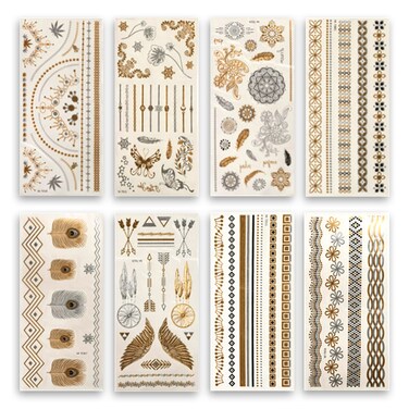 8 Sheets Metallic Gold Temporary Tattoos, Muulaii Shimmer Waterproof Fake Tattoos Long Lasting Gold Silver Glitter Stickers in Bracelets, Back, Wrist and Arm Bands