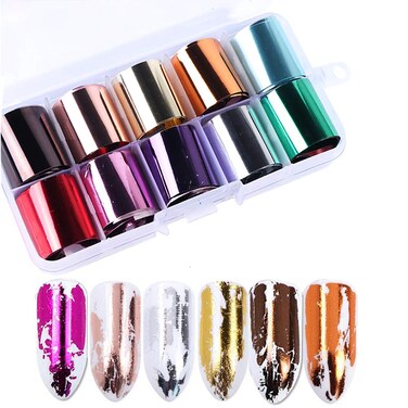 10 Rolls Metallic Color Holographic Nail Foil Transfer Sticker Set, Starry Sky Manicure Kit (Gold, Silver, Rose Gold, Red)