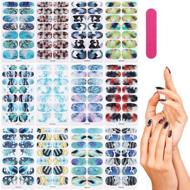 12 Sheets Marble Nail Polish Stickers Wraps, Full Cover Self-Adhesive Nail Polish Strips with 1 Nail File, Marbling Elk Peacock Nail Art Decals Kit for Women Girls Manicure Salon Decoration