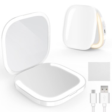 MY BEAUTY LIGHT Bright Compact Mirror with Light, Durable Rechargeable 1X/3X Magnifying Mirror with Light, 3000K-6000K Travel Makeup Mirror with Lights for Handbag Purse Pocket (White)