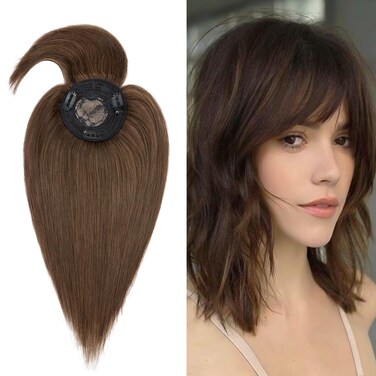 MY-LADY Hair Toppers for Women Real Human Hair, Human Hair Toppers with Bangs for Women, 3.3"*3.3" Silk Base Hair Toppers for Women with Thinning Hair 10 Inch Medium Brown
