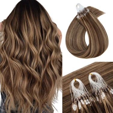MY-LADY Microlink Hair Extensions Microbead Human Hair Extensions 18 Inch Micro Loop Blonde Hair Extensions Real Human Hair Medium brown mix Dark Blonde Cold Fusion Extensions Micro Link #4/27