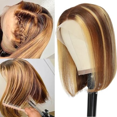 Highlight 4/27 Bob Wig Human Hair 13x4 HD Lace Front Wig Straight Hair Pre Plucked With Baby Hair 4/27 Honey Blonde Bob Wig For Women Glueless Straight Bob Wig 8 Inch 180% Density