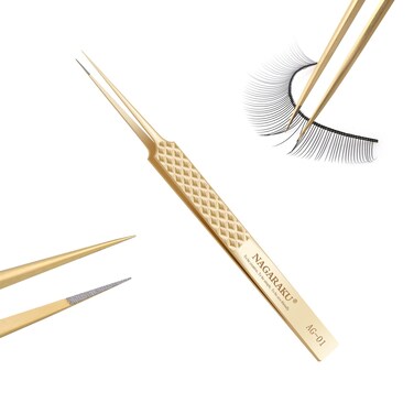 NAGARAKU Precision Fiber Tip Tweezer for Eyelash Extensions Diamond Handle 5cm Slim Tweezers Tip Anti-Static Anti-Slip Stainless Steel Pointed Separate Eyelashes Straight Tweezers with Box(AG-01)