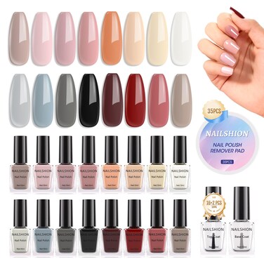 Nail Polish Set Quick Air Dry 16 Colors Regular Nail Polish Kit with 10ml Base Coat Clear Top Coat &amp; Nail Polish Remover Pads Nude Gray Burgundy Nail Lacquer Toenail Polish Manicure Starter Kit