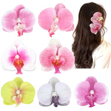Hawaiian Flower Hair Clips 4 Inch Butterfly orchid Artificial Tropical Flower Hair Pins 7 Pieces Large Hair Flowers Luau Outfits For Women plumeria Hair Barrettes for Beach Party favors Vacation.