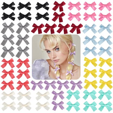 Silky Satin Bows and Hair Clips - Mini Ribbons, Metal Y2k Accessories for Women, Girls and Braids