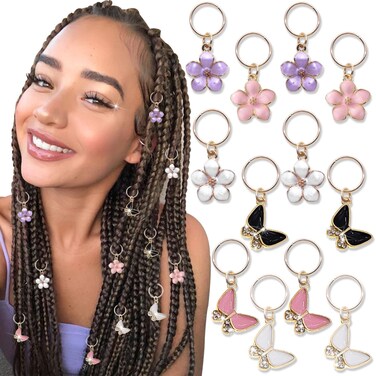 NAISKA 12Pcs Gold Butterfly Braid Clips Flower Hair Jewelry Rhinestone Dreadlock Accessories Braid Charms Clips Hair Cuffs Rings Loc Jewelry Gifts for Women and Girls