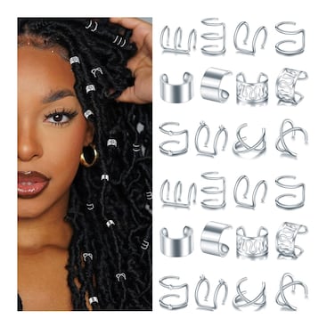 NAISKA 24PCS Hair Jewelry for Braids with Crystal Rhinestone Loc Dreadlock Accessories Metal Alloy Braid Clips Non-Piercing Ear Cuffs Locs Jewelry for Women Men Hair Accessories(Silver)