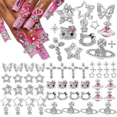 48PCS Y2K Nail Charms and Gems 3D Silver Star Butterfly Planet Cross Nail Charms for Acrylic Nails Design Kawaii Nail Jewels for Nail Art&hellip;