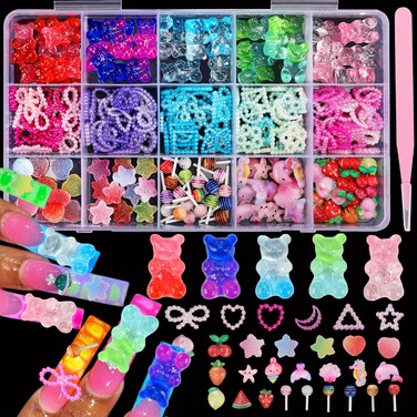 Namifin 3D Bear Nail Charms Bulk Y2K Lollipops Fruits Cherries Kawaii Gummies Oacen Beach Moon Bowknots Hearts Pearls Cute Nail Charms for Nail Art DIY Accessories