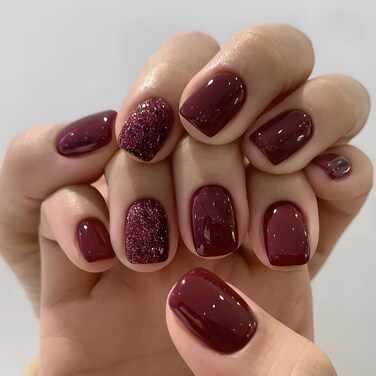Red Press on Nails Short Square Fake Nails with Glitter Design Short Nails Press ons Artificial Acrylic Nails Red Glossy False Nails Full Cover Stick on Nails Glue on Nails for Women Girls 24Pcs