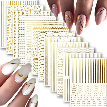 Star Nail Art Stickers - 12 Sheets, 3D Self-Adhesive Gold Moon, Red Heart, Silver Star Designs for Nail Art Decoration