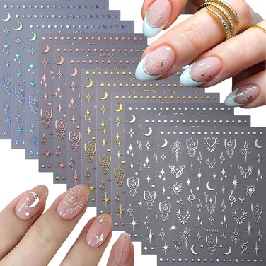 12 Sheets Star Nail Art Stickers 3D Self Adhesive Silver Gold Star Nail Decals Aurora Moon Star Nail Stickers for Nail Art Star Nail Art Design Star Nail Supplies DIY Manicure Decorations for Women