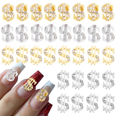 32 Pcs Money Dollar Nail Charms 3D Silver Money Dollar Nail Rhinestone Shiny Gold Dollar Nail Art Gems Alloy Design for Women and Girls Nail Decoration for DIY Acrylic Nails