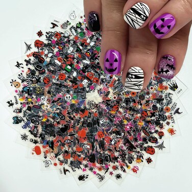 24 Sheets Halloween Nail Stickers 3D Self Adhesive Halloween Nail Decals Ghost Spider Nail Art Stickers Pumpkin Bat Nail Design Halloween Nail Art Supplies for Acrylic Nails Decorations for Women