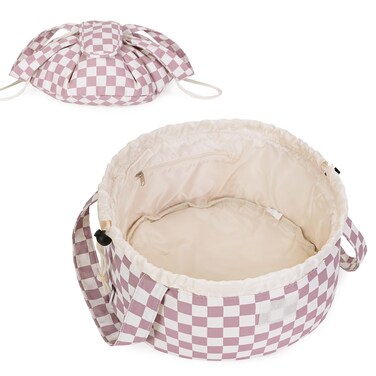 Narwey Barrel Drawstring Checkered Makeup Bag Large Cosmetic Bag Make up Bags Toiletry Bag Travel Bags for Toiletries Organizer for Women Gift for Teen Girls (Dusty Rose Checkerboard) (Patent)