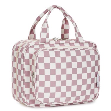 Narwey Hanging Toiletry Bag for Women Travel Makeup Bag Organizer Toiletries Bag for Travel Size Essentials Accessories Cosmetics (Dusty Rose Checkerboard (Medium))