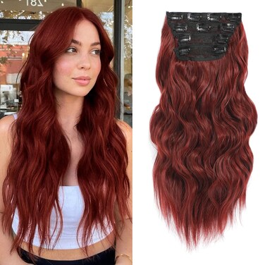 NAYOO Wine Red Hair Clip Extension for Women 4PCS Thick Hairpieces Long Wavy Natural Synthetic Clip in Hair Extensions（24 inch, Wine Red）