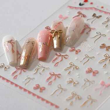Bow Nail Stickers for Nail Art Gold Pink Nail Art Stickers Bowknot Nail Decals Self Adhesive 5D Embossed Nail Art Design Manicure Supplies Charm for Women Nail Art Decorations Accessories