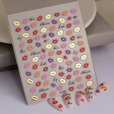 Lip Print Nail Stickers Decals Red Gold Nail Decals for Nail Art Self Adhesive Nail Decals Kiss Nail Design for Women 5D Embossed Nail Supplies Nail Art Decorations