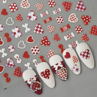 Love Heart Nail Stickers Decals Red White Nail Stickers for Nail Art Self Adhesive Nail Decals Bow Candy Nail Design for Women 5D Embossed Nail Supplies Nail Art Decorations