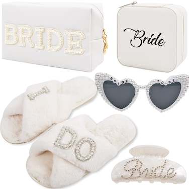 Bridal Shower Gifts for Bride - 5 Pcs Bride to Be Gift Set, I DO Slippers, Makeup Bag, Heart Sunglasses, Jewelry Box, Hair Clip, Cool Bachelorette Engagement Wedding Day Party Accessories for Her