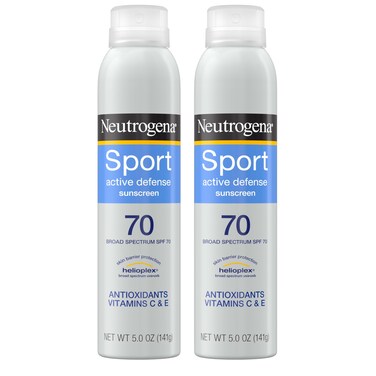 Neutrogena Sport Active Defense SPF 70 Sunscreen Spray, Sweat &amp; Water Resistant Spray Sunscreen with Broad Spectrum Protection for Sunburn Prevention, Oxybenzone-Free, Twin Pack, 5 oz, 2 Pack