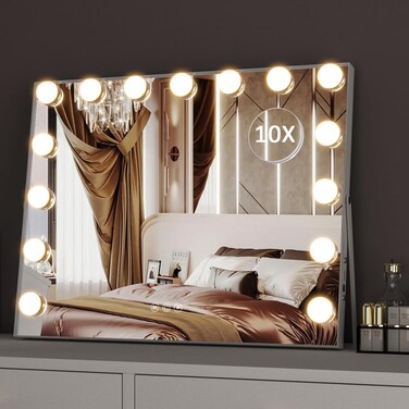 Large Vanity Lighted Mirror with Lights, 15 LED Bulbs, Light up Hollywood Makeup Mirror with 3 Color Modes, Tabletop or Wall-Mounted